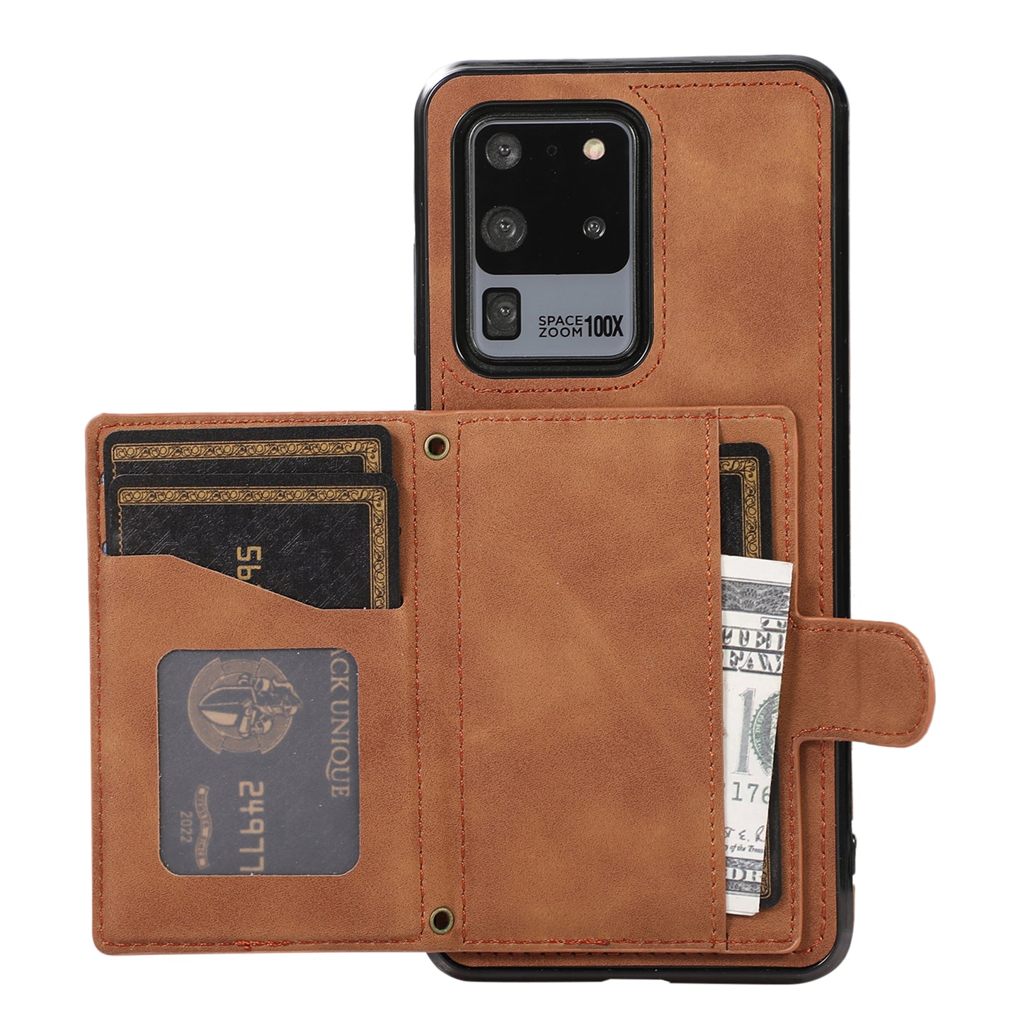 Phone Case for Samsung Galaxy S20 Ultra Card Holder TPU+PU Leather Kickstand Phone Cover - Brown