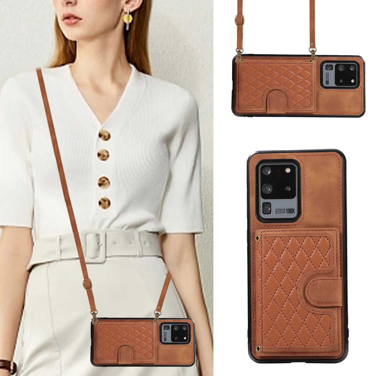 Phone Case for Samsung Galaxy S20 Ultra Card Holder TPU+PU Leather Kickstand Phone Cover - Brown