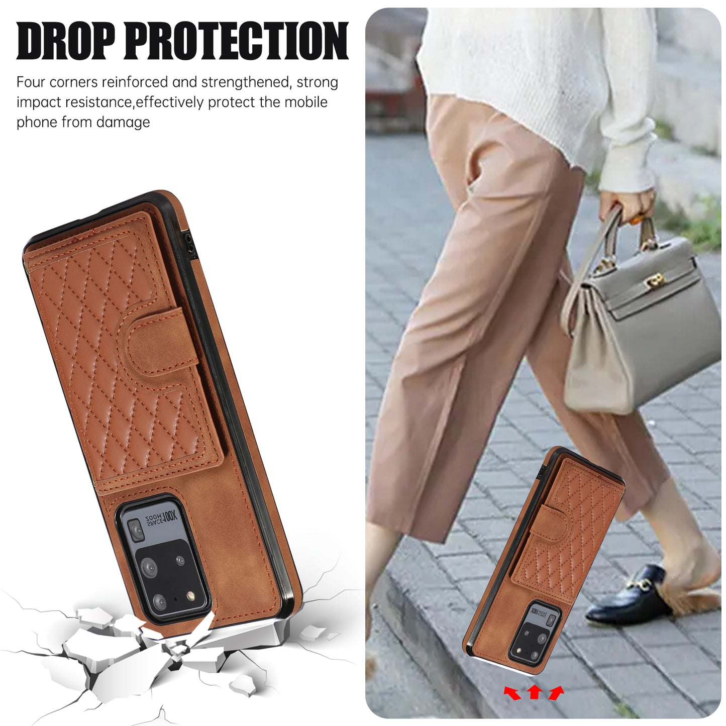 Phone Case for Samsung Galaxy S20 Ultra Card Holder TPU+PU Leather Kickstand Phone Cover - Brown