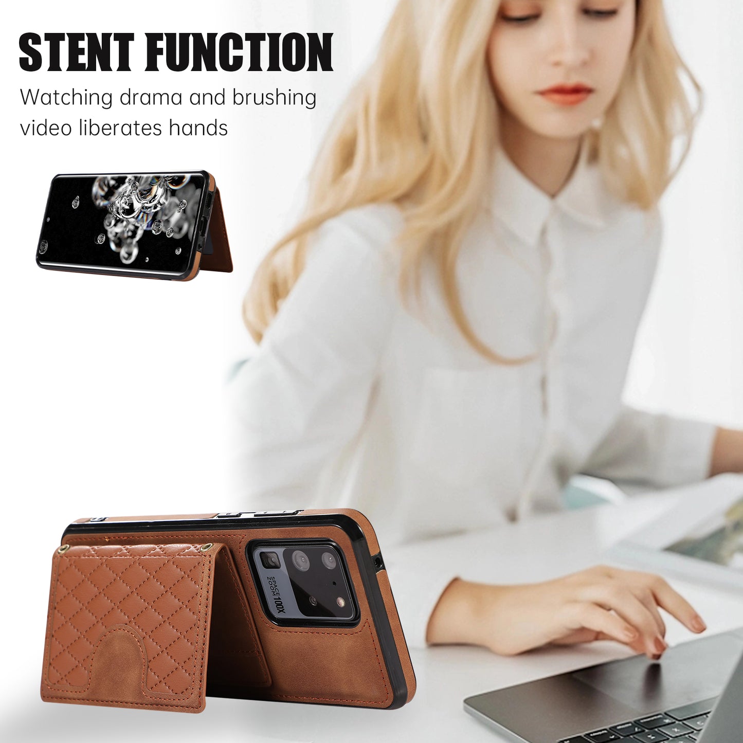 Phone Case for Samsung Galaxy S20 Ultra Card Holder TPU+PU Leather Kickstand Phone Cover - Brown