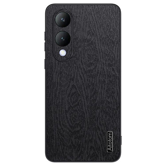 For vivo Y17s 4G Cell Phone Case Fall-proof Wood Grain PU+PC+TPU Back Cover - Black