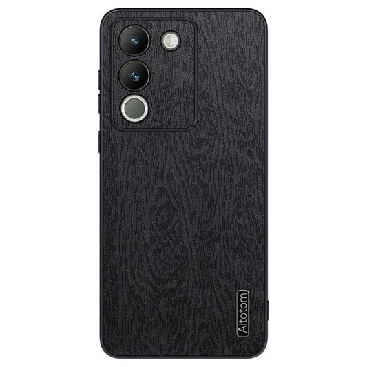 For vivo Y200 (India) 5G Cell Phone Case Wood Grain PU+PC+TPU Drop Resistant Cover - Black
