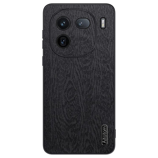 For vivo iQOO 12 5G Fingerprint Free Case Wood Grain PC+TPU+PU Cell Phone Cover - Black