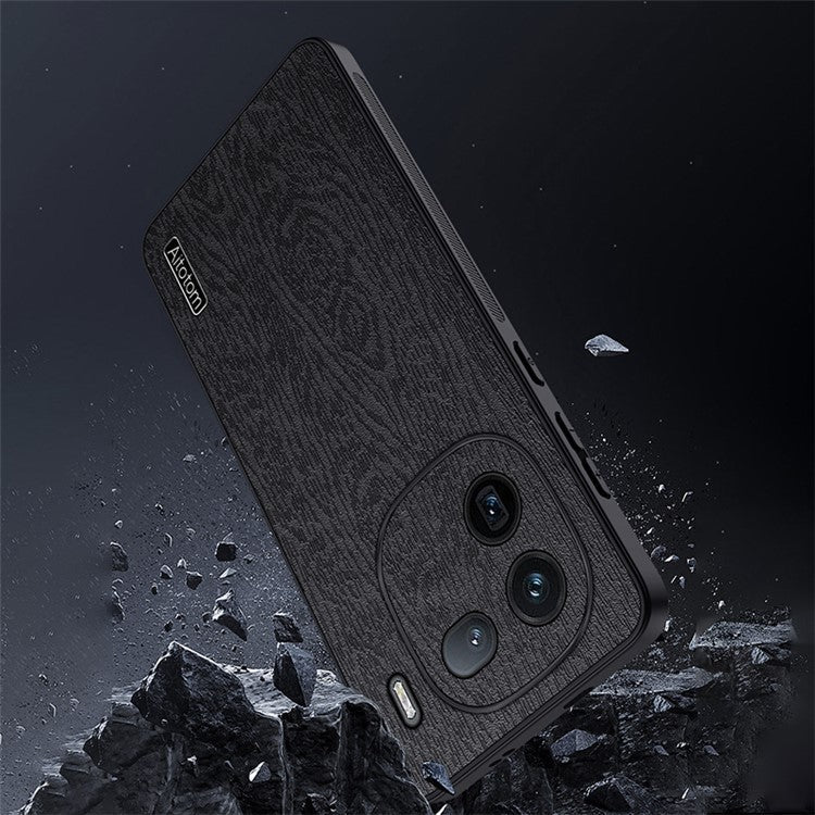 For vivo iQOO 12 Pro 5G Back Shell Wood Grain PU+PC+TPU Cell Phone Case - Black