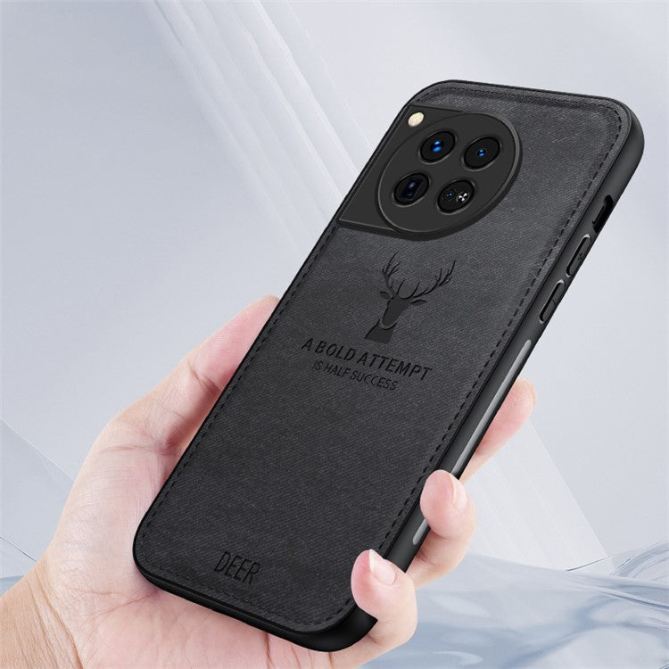 For OnePlus 12 5G Deer Pattern Case Cloth Texture TPU+PC+PU Leather Phone Cover - Black