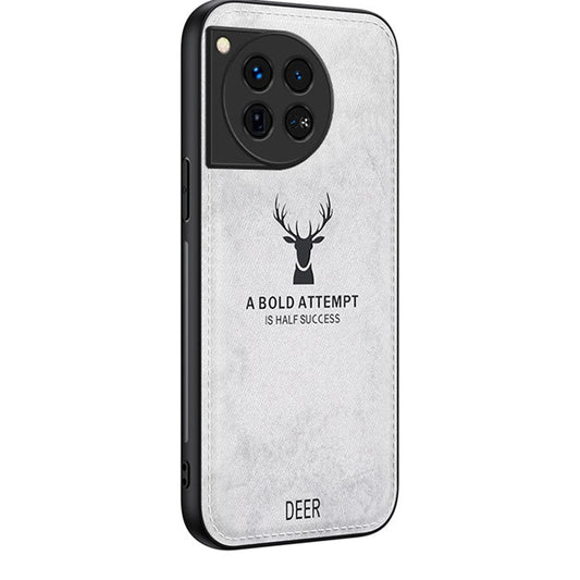 For OnePlus 12 5G Deer Pattern Case Cloth Texture TPU+PC+PU Leather Phone Cover - Grey