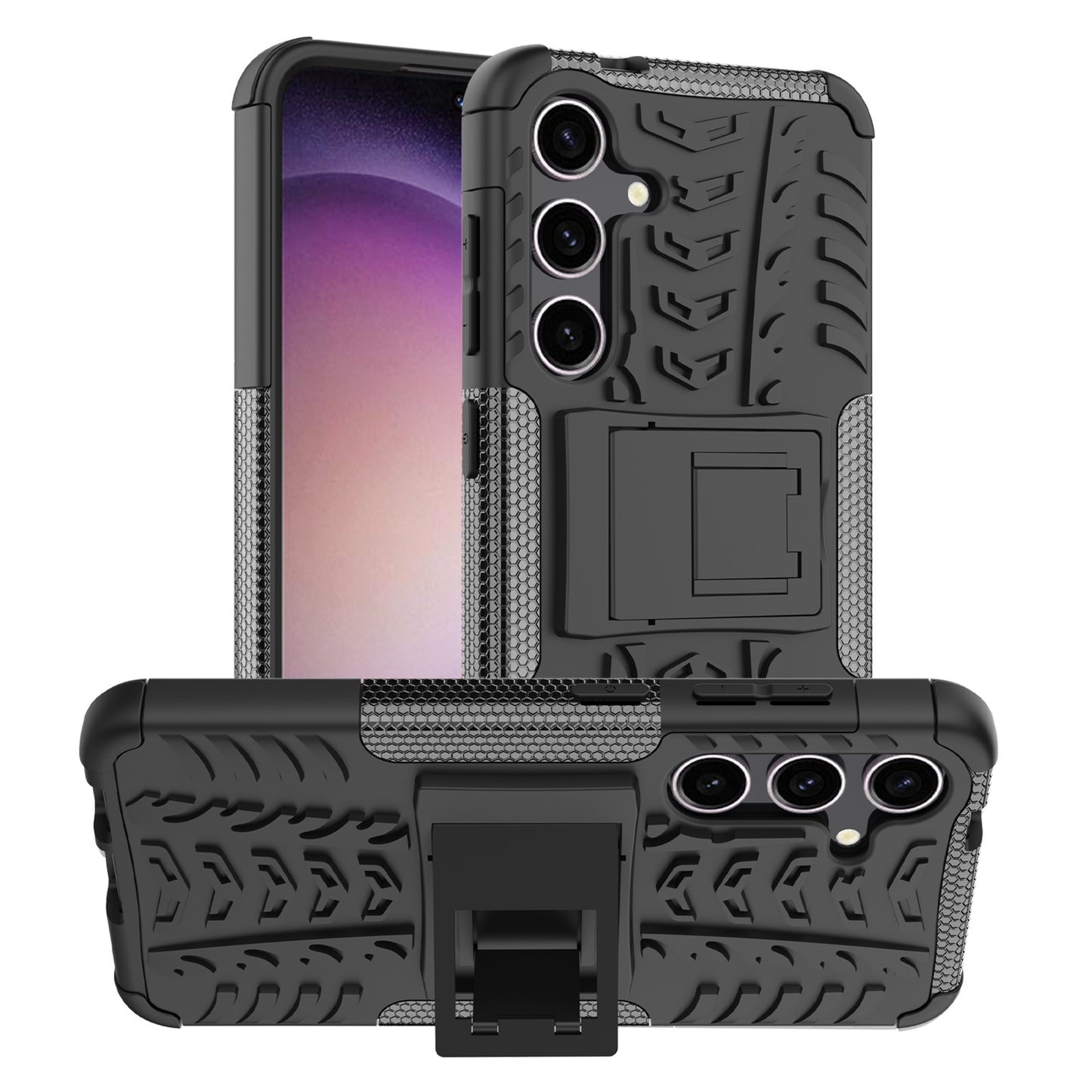 For Samsung Galaxy S24+ PC+TPU Phone Cover Tyre Pattern Phone Case with Kickstand - Black