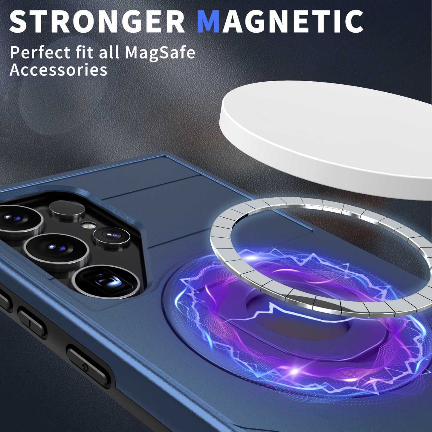 For Samsung Galaxy S24 Ultra Cell Phone Case PC+TPU Slide Lens Window Cover Compatible with MagSafe - Sapphire