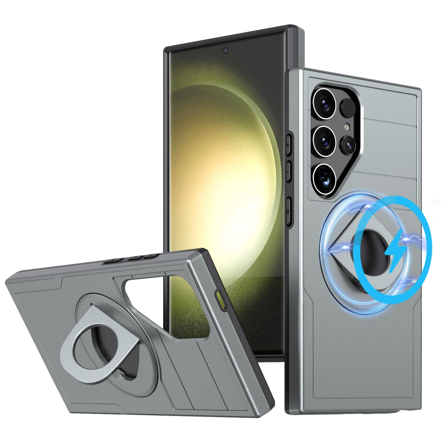 For Samsung Galaxy S24 Ultra Cell Phone Case PC+TPU Slide Lens Window Cover Compatible with MagSafe - Grey