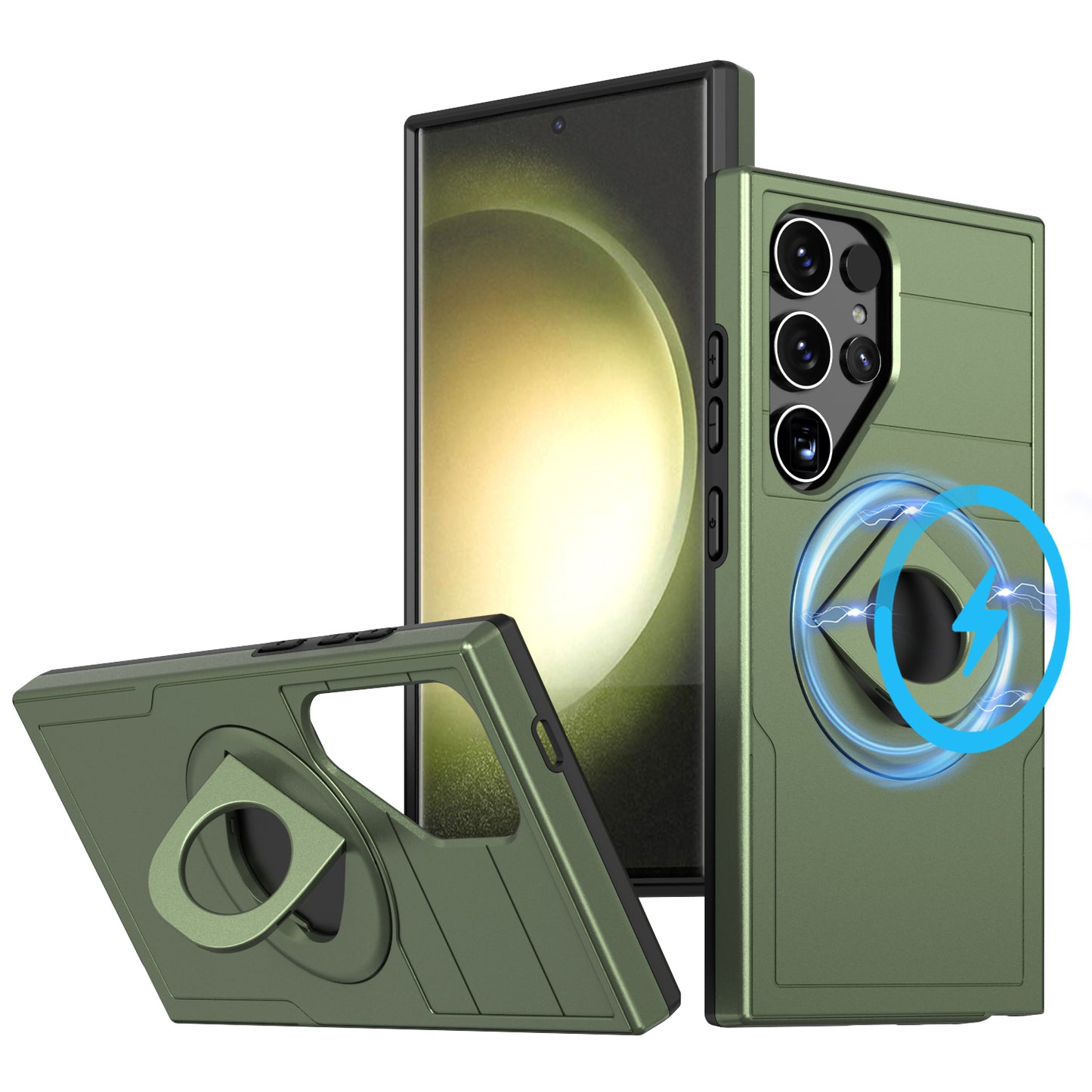 For Samsung Galaxy S24 Ultra Cell Phone Case PC+TPU Slide Lens Window Cover Compatible with MagSafe - Green