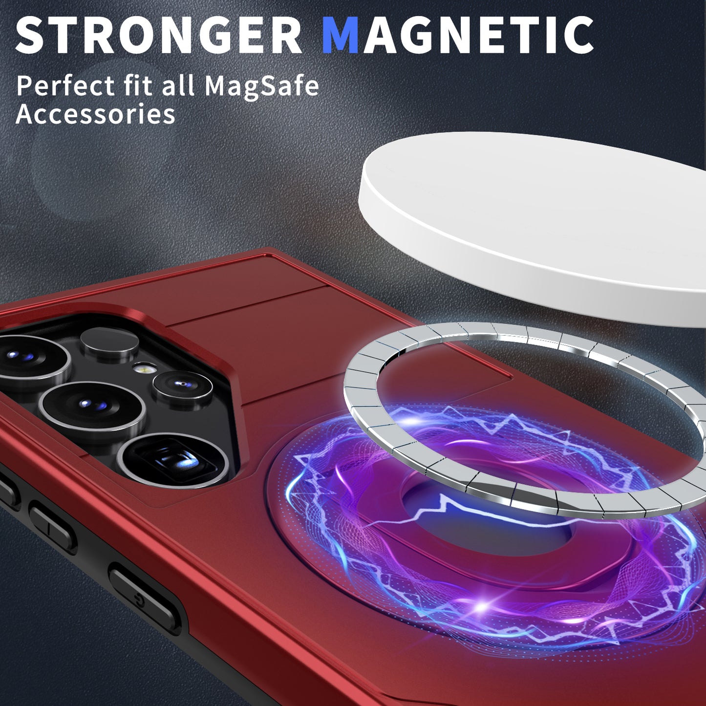 For Samsung Galaxy S24 Ultra Cell Phone Case PC+TPU Slide Lens Window Cover Compatible with MagSafe - Red