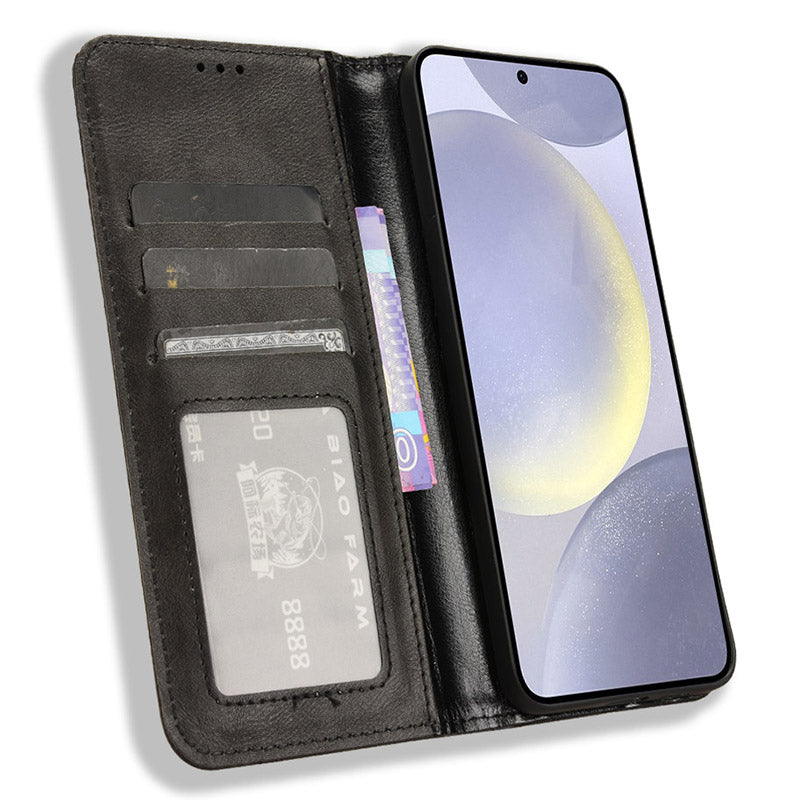 For Samsung Galaxy S24 Retro Phone Case Magnetic Closing Wallet Leather Cover - Black