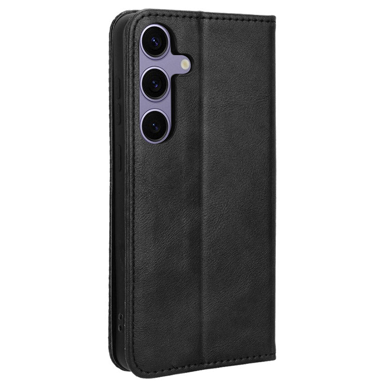 For Samsung Galaxy S24 Retro Phone Case Magnetic Closing Wallet Leather Cover - Black
