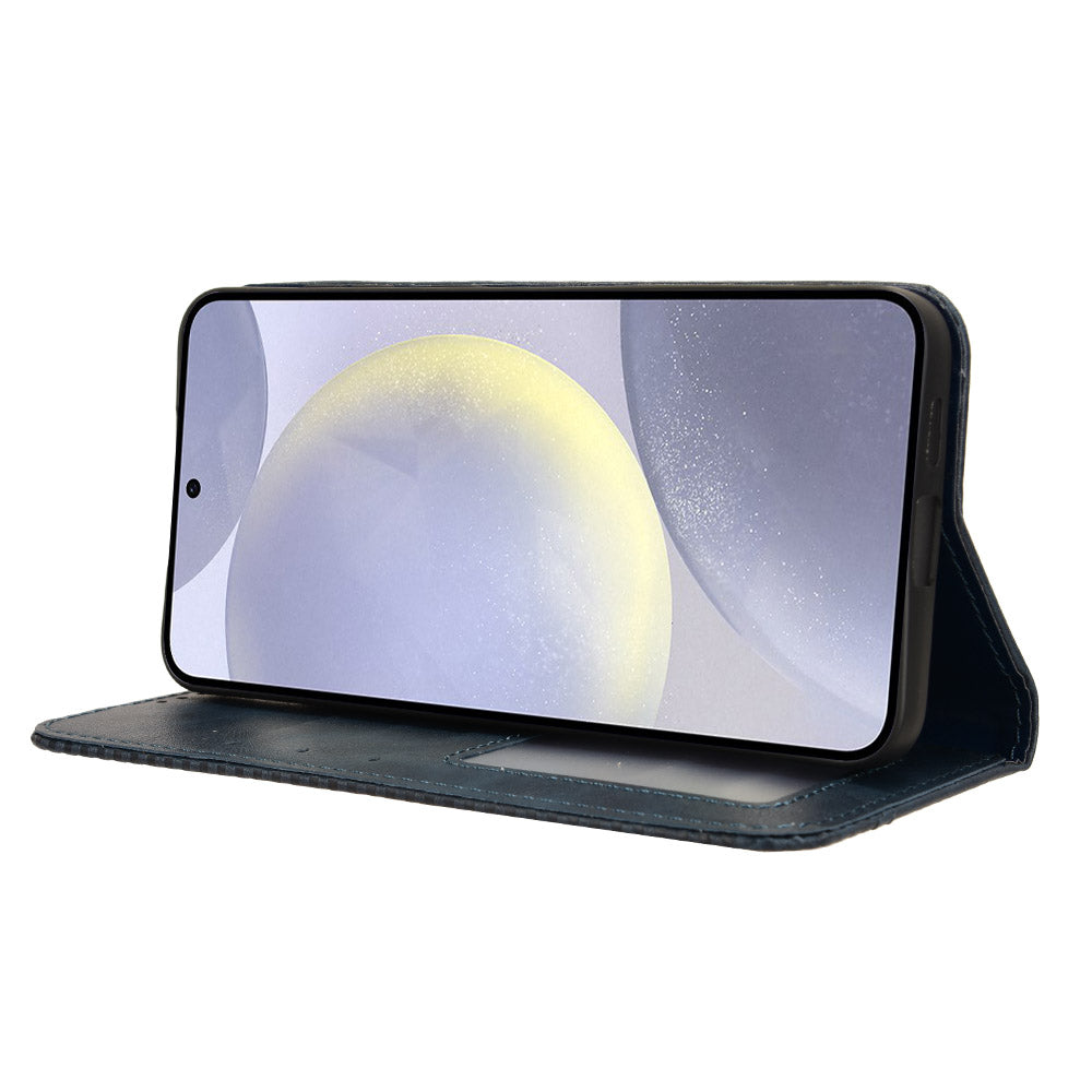 For Samsung Galaxy S24 Retro Phone Case Magnetic Closing Wallet Leather Cover - Blue
