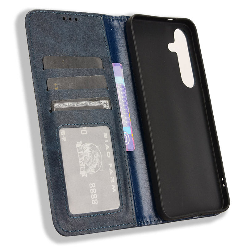 For Samsung Galaxy S24 Retro Phone Case Magnetic Closing Wallet Leather Cover - Blue