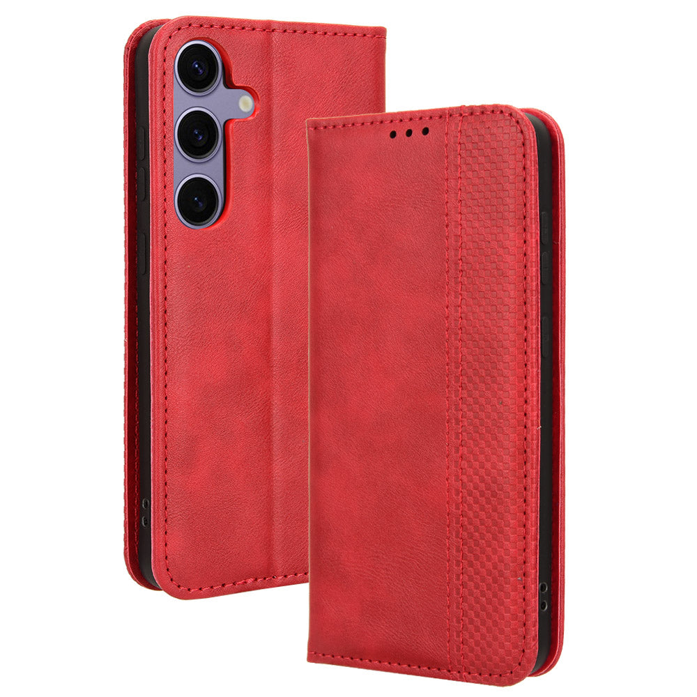 For Samsung Galaxy S24 Retro Phone Case Magnetic Closing Wallet Leather Cover - Red