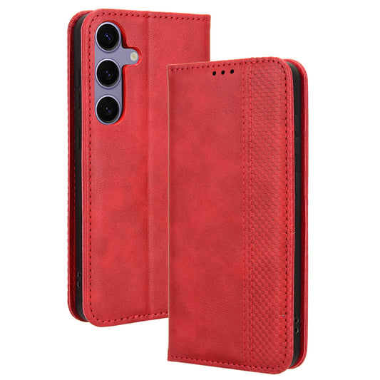 For Samsung Galaxy S24 Retro Phone Case Magnetic Closing Wallet Leather Cover - Red
