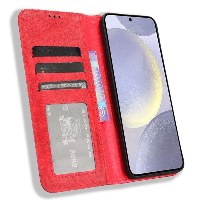 For Samsung Galaxy S24 Retro Phone Case Magnetic Closing Wallet Leather Cover - Red