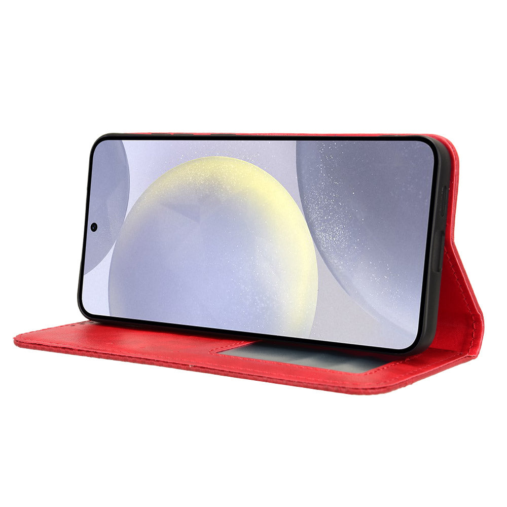 For Samsung Galaxy S24 Retro Phone Case Magnetic Closing Wallet Leather Cover - Red