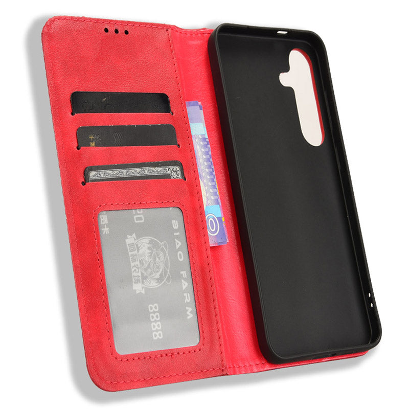 For Samsung Galaxy S24 Retro Phone Case Magnetic Closing Wallet Leather Cover - Red