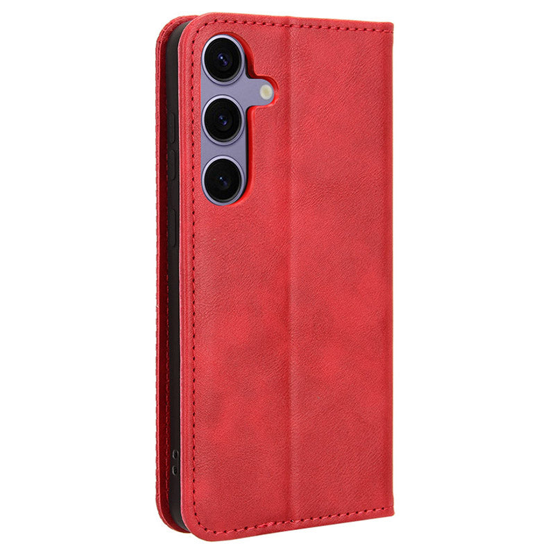 For Samsung Galaxy S24 Retro Phone Case Magnetic Closing Wallet Leather Cover - Red