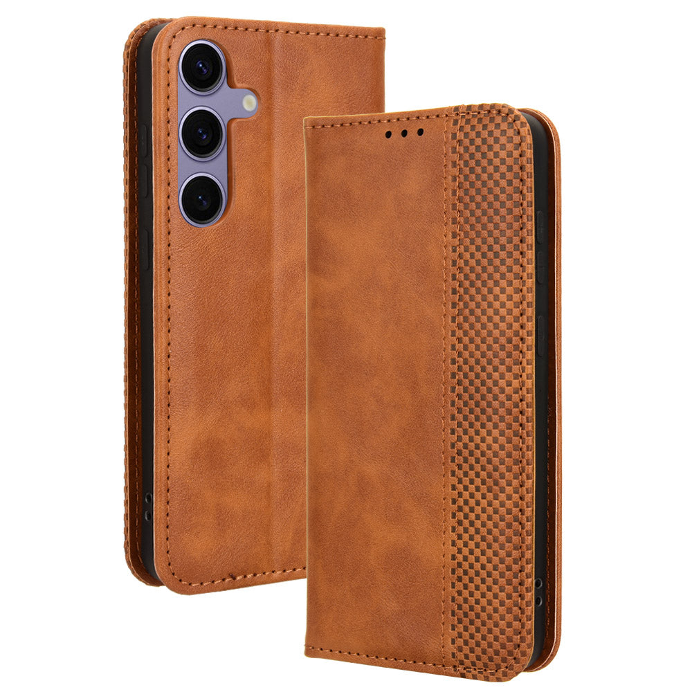 For Samsung Galaxy S24 Retro Phone Case Magnetic Closing Wallet Leather Cover - Brown