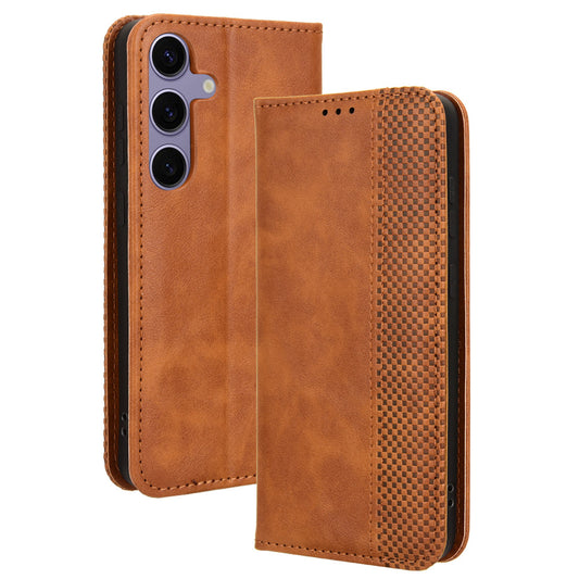 For Samsung Galaxy S24 Retro Phone Case Magnetic Closing Wallet Leather Cover - Brown