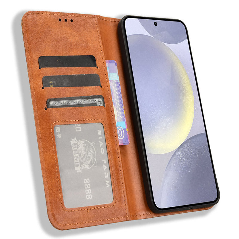 For Samsung Galaxy S24 Retro Phone Case Magnetic Closing Wallet Leather Cover - Brown