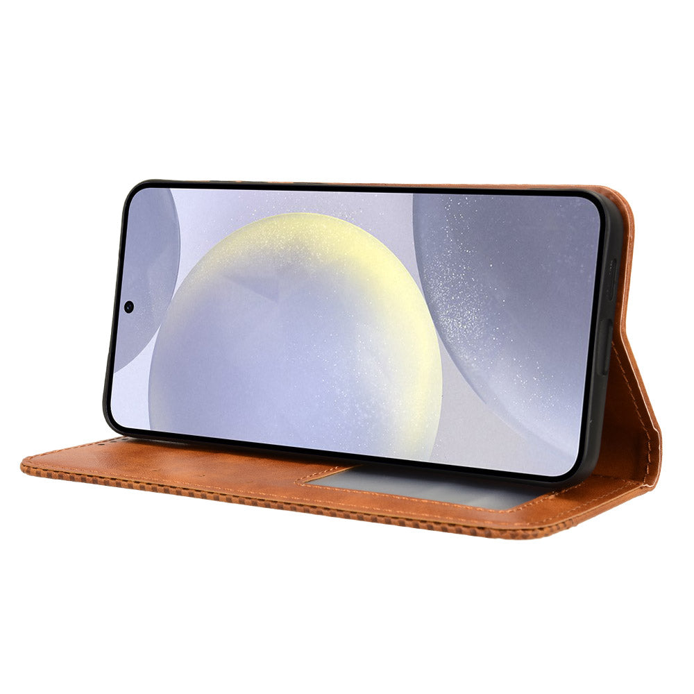 For Samsung Galaxy S24 Retro Phone Case Magnetic Closing Wallet Leather Cover - Brown