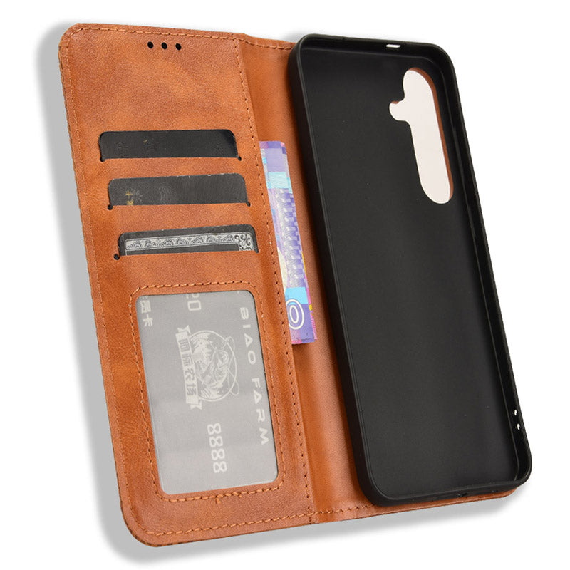 For Samsung Galaxy S24 Retro Phone Case Magnetic Closing Wallet Leather Cover - Brown