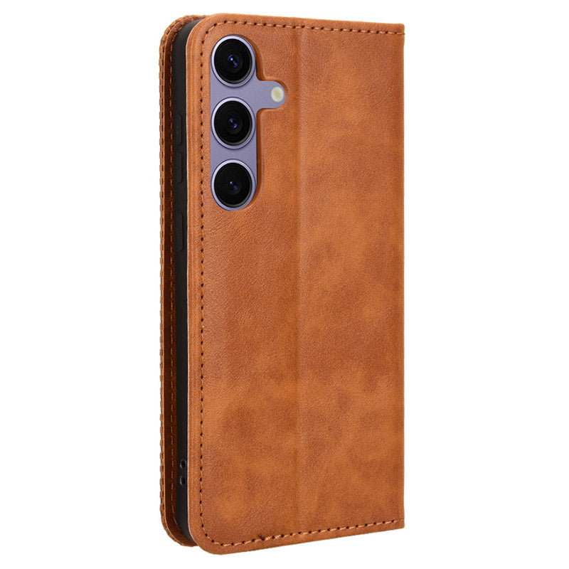 For Samsung Galaxy S24 Retro Phone Case Magnetic Closing Wallet Leather Cover - Brown