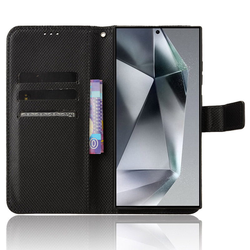 For Samsung Galaxy S24 Ultra Phone Case Wallet Leather Cover Diamond Texture - Black