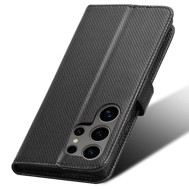 For Samsung Galaxy S24 Ultra Phone Case Wallet Leather Cover Diamond Texture - Black