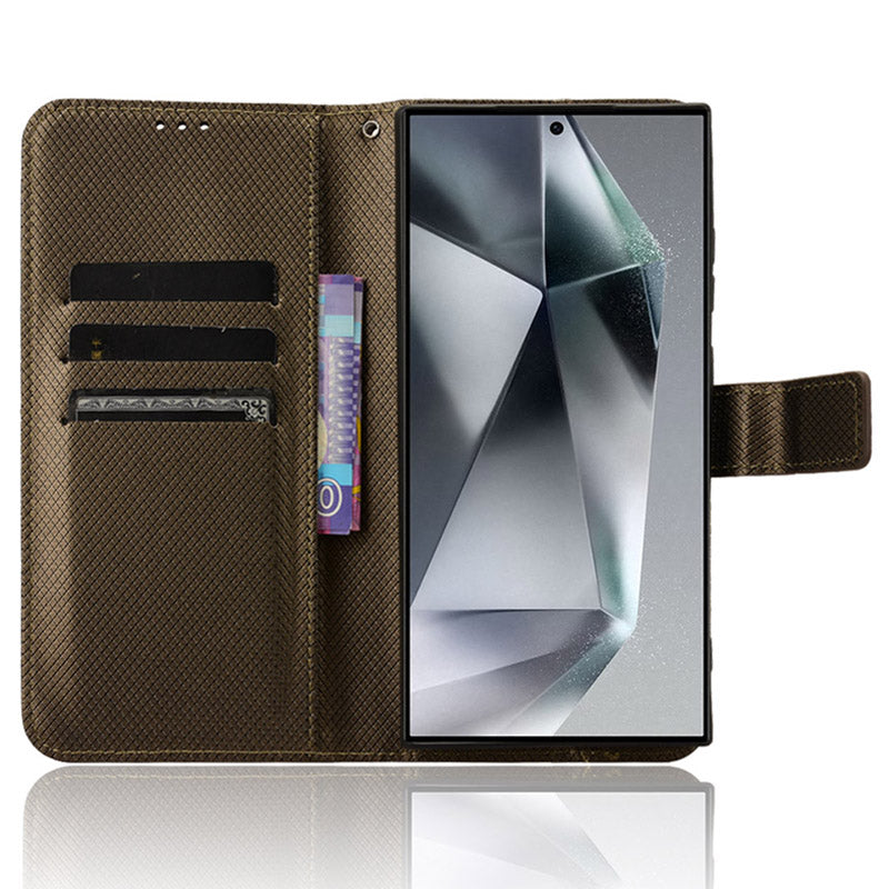 For Samsung Galaxy S24 Ultra Phone Case Wallet Leather Cover Diamond Texture - Brown