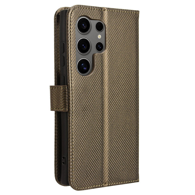 For Samsung Galaxy S24 Ultra Phone Case Wallet Leather Cover Diamond Texture - Brown