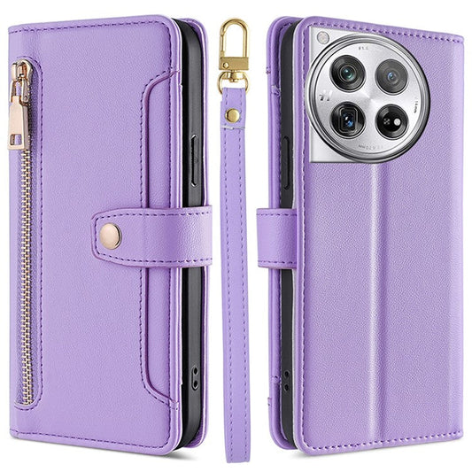 For OnePlus 12 5G Cell Phone Case PU Leather+TPU Stand Wallet Cover with Crossbody Strap - Purple
