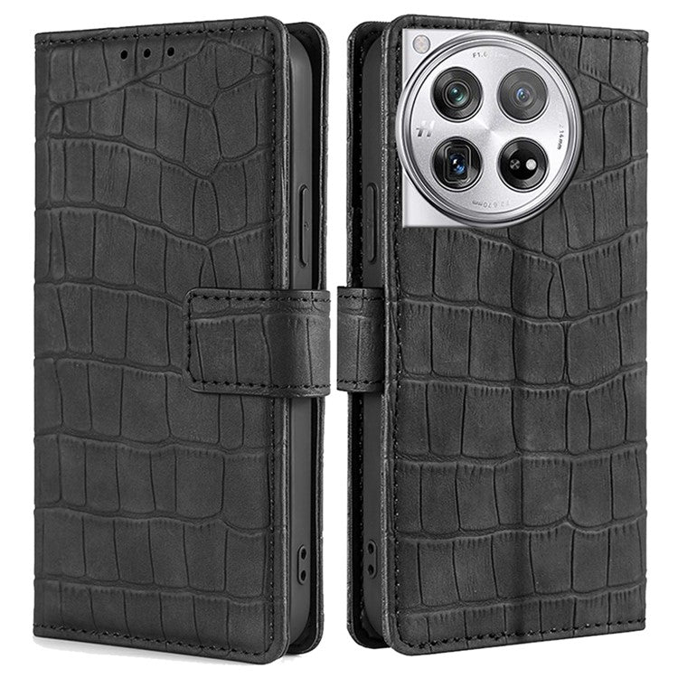 For OnePlus 12 5G Flip Phone Case PU Leather Crocodile Texture Stand Phone Shell Wallet - Black