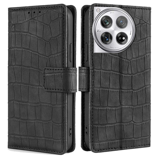 For OnePlus 12 5G Flip Phone Case PU Leather Crocodile Texture Stand Phone Shell Wallet - Black