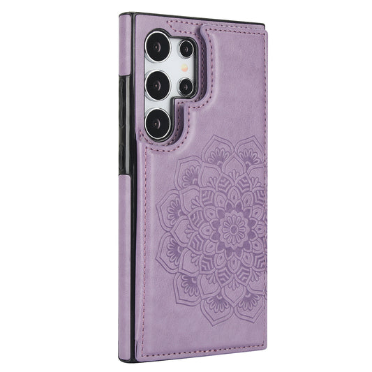For Samsung Galaxy S24 Ultra PU Leather Case Imprinted Mandala Flower Kickstand Phone Cover - Purple