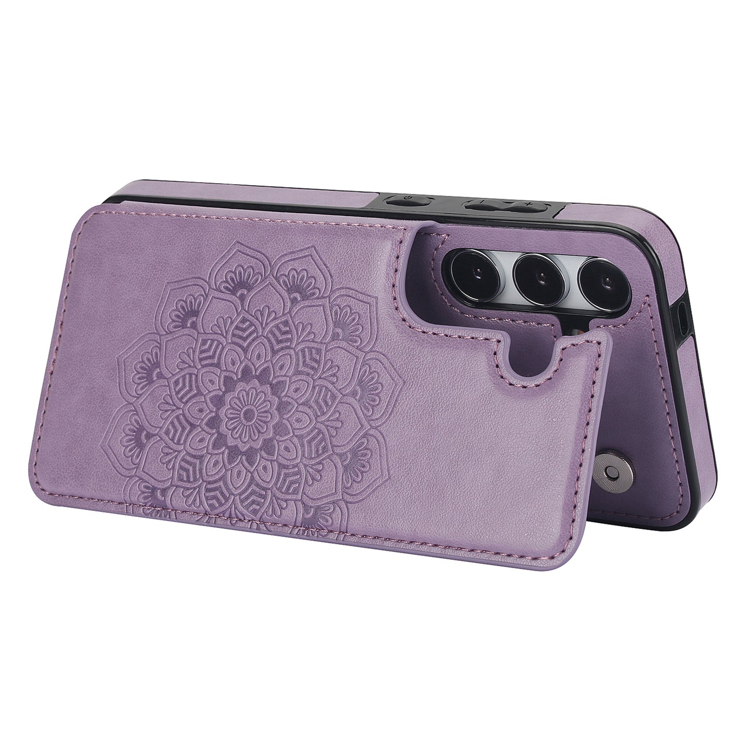 For Samsung Galaxy S24+ Cell Phone Case PU Leather Imprinted Mandala Flower Cover with Card Slots - Purple