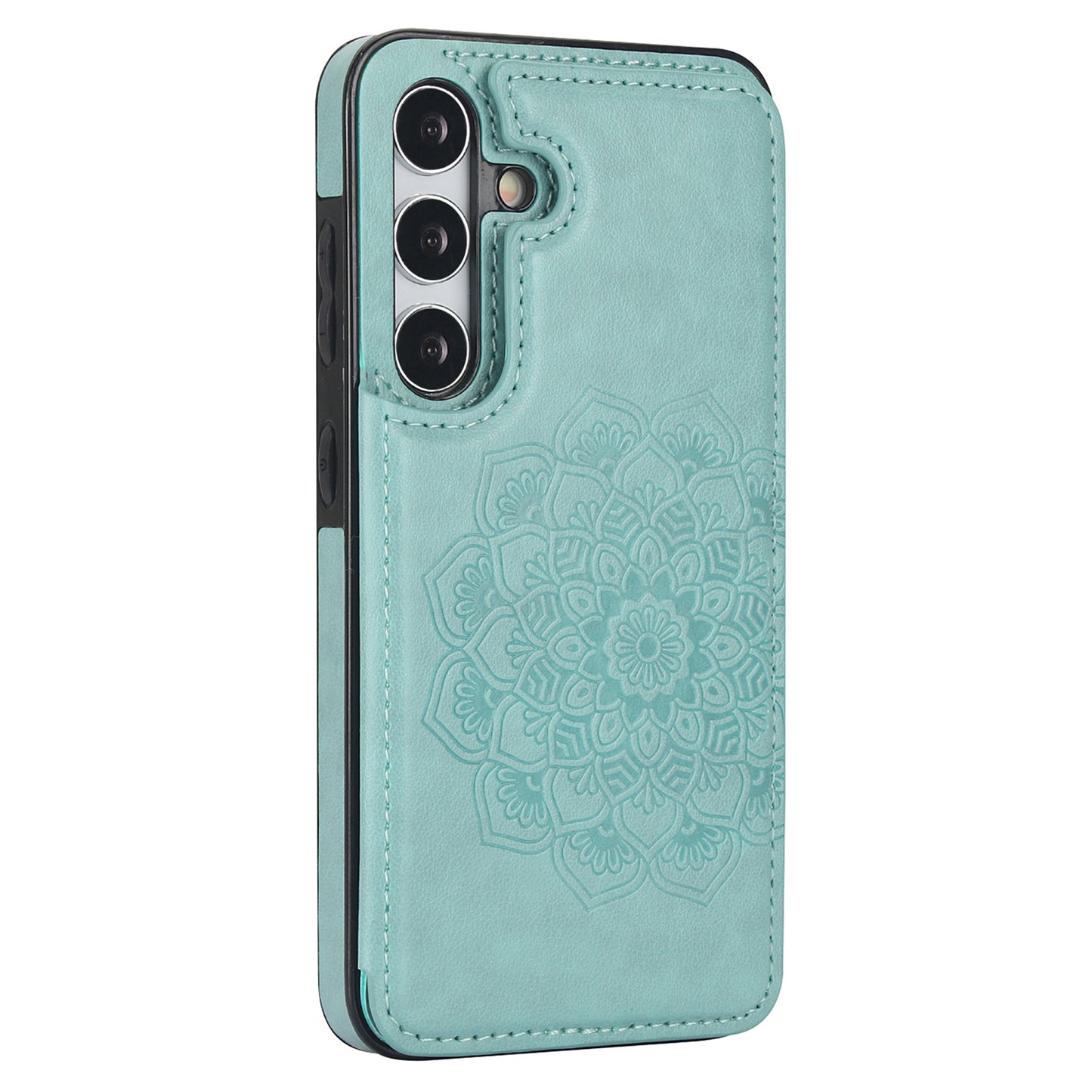 For Samsung Galaxy S24+ Cell Phone Case PU Leather Imprinted Mandala Flower Cover with Card Slots - Green