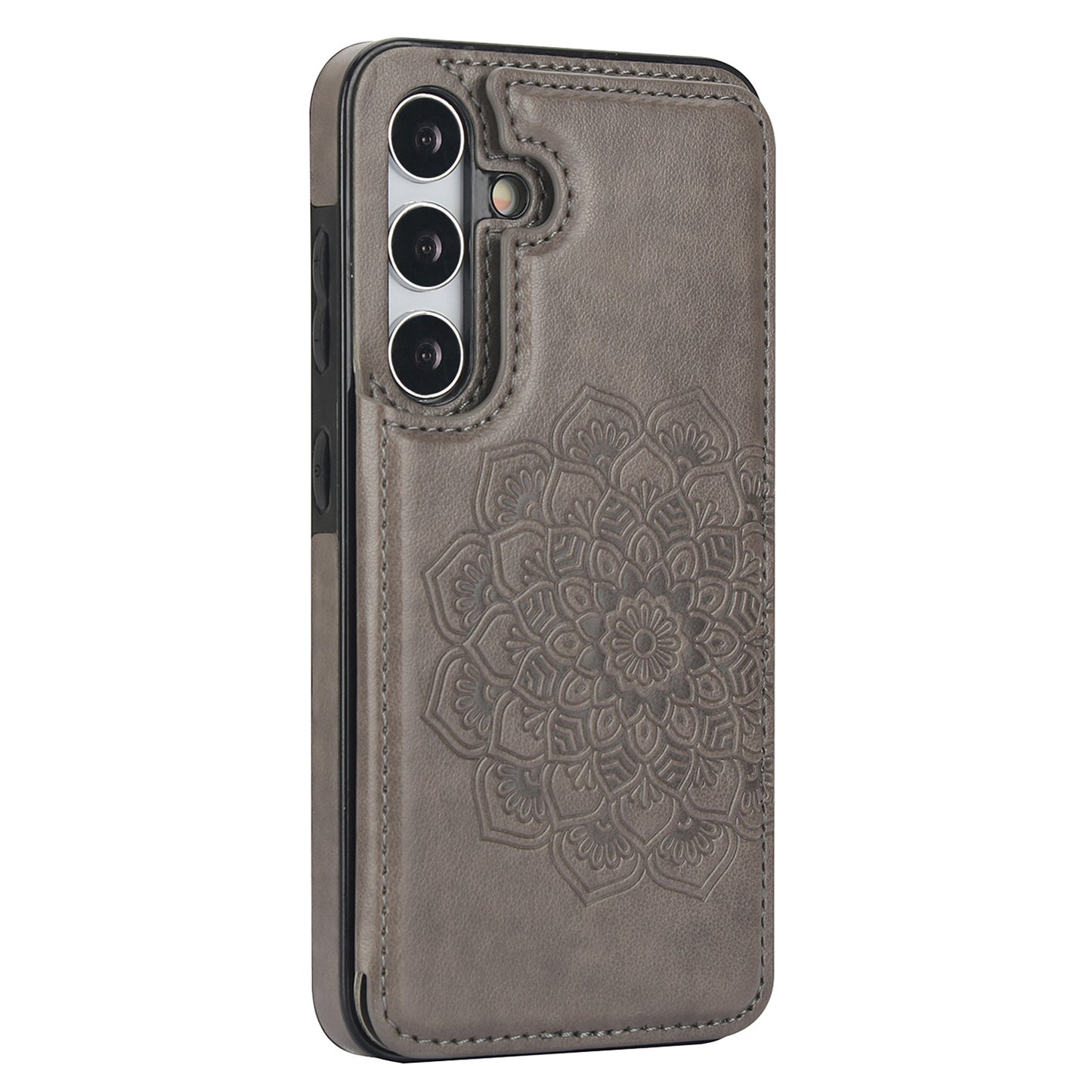 For Samsung Galaxy S24 Case Imprinted Mandala Flower PU Leather Kickstand Back Cover - Grey