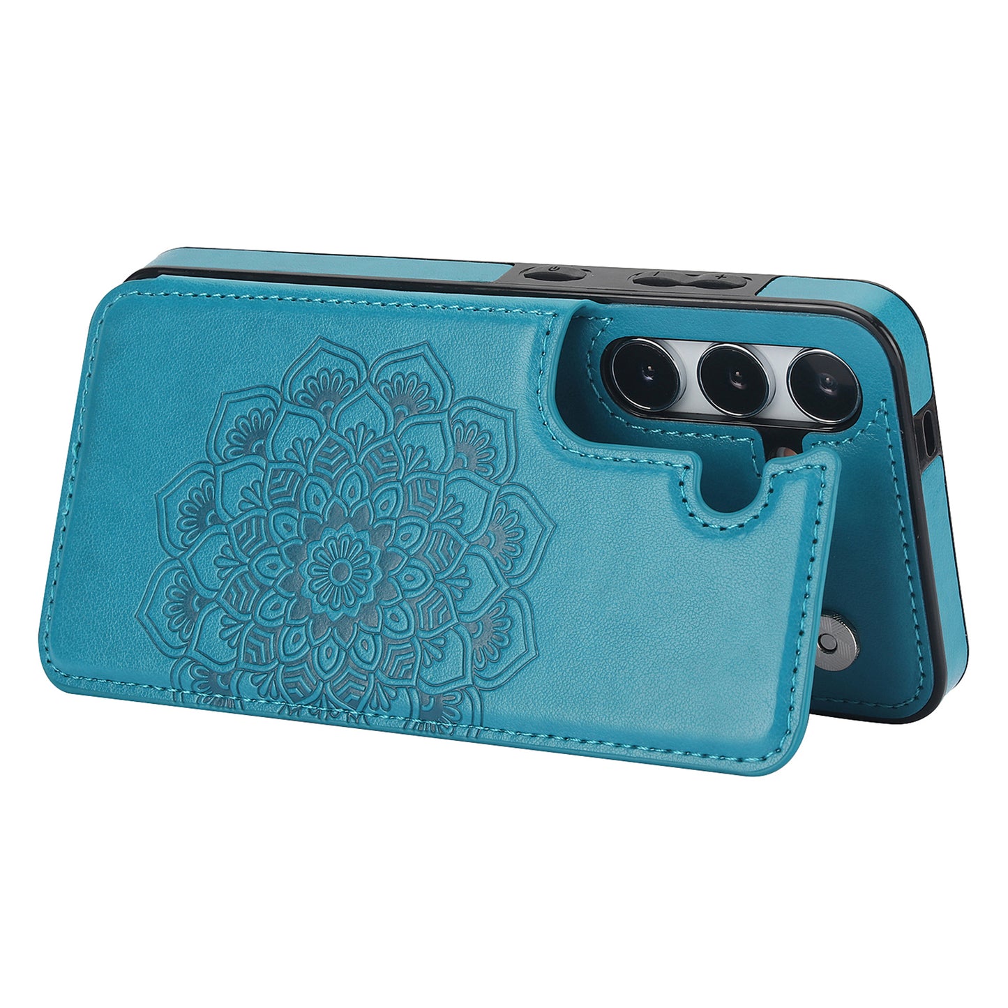For Samsung Galaxy S24 Case Imprinted Mandala Flower PU Leather Kickstand Back Cover - Dark Blue