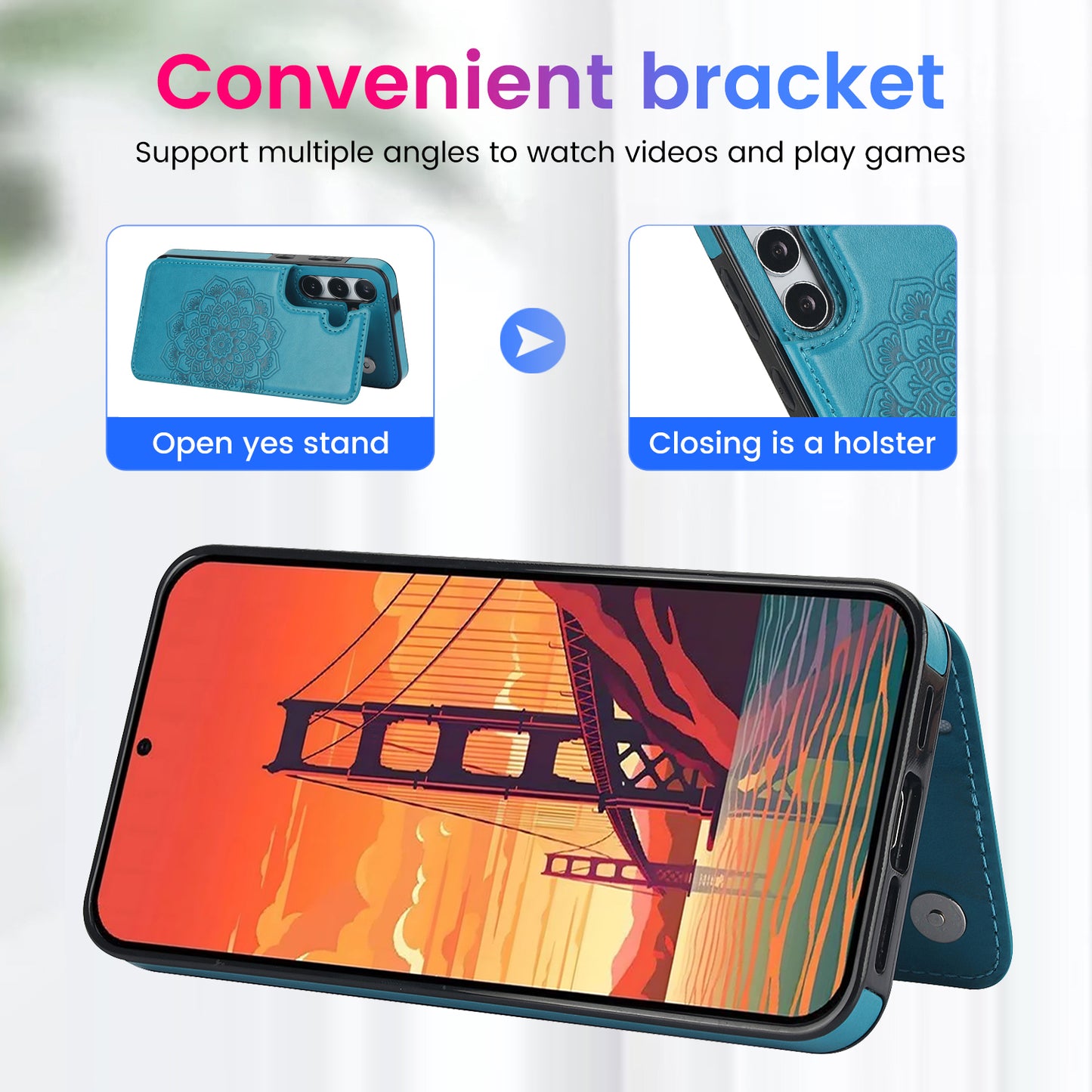 For Samsung Galaxy S24 Case Imprinted Mandala Flower PU Leather Kickstand Back Cover - Dark Blue