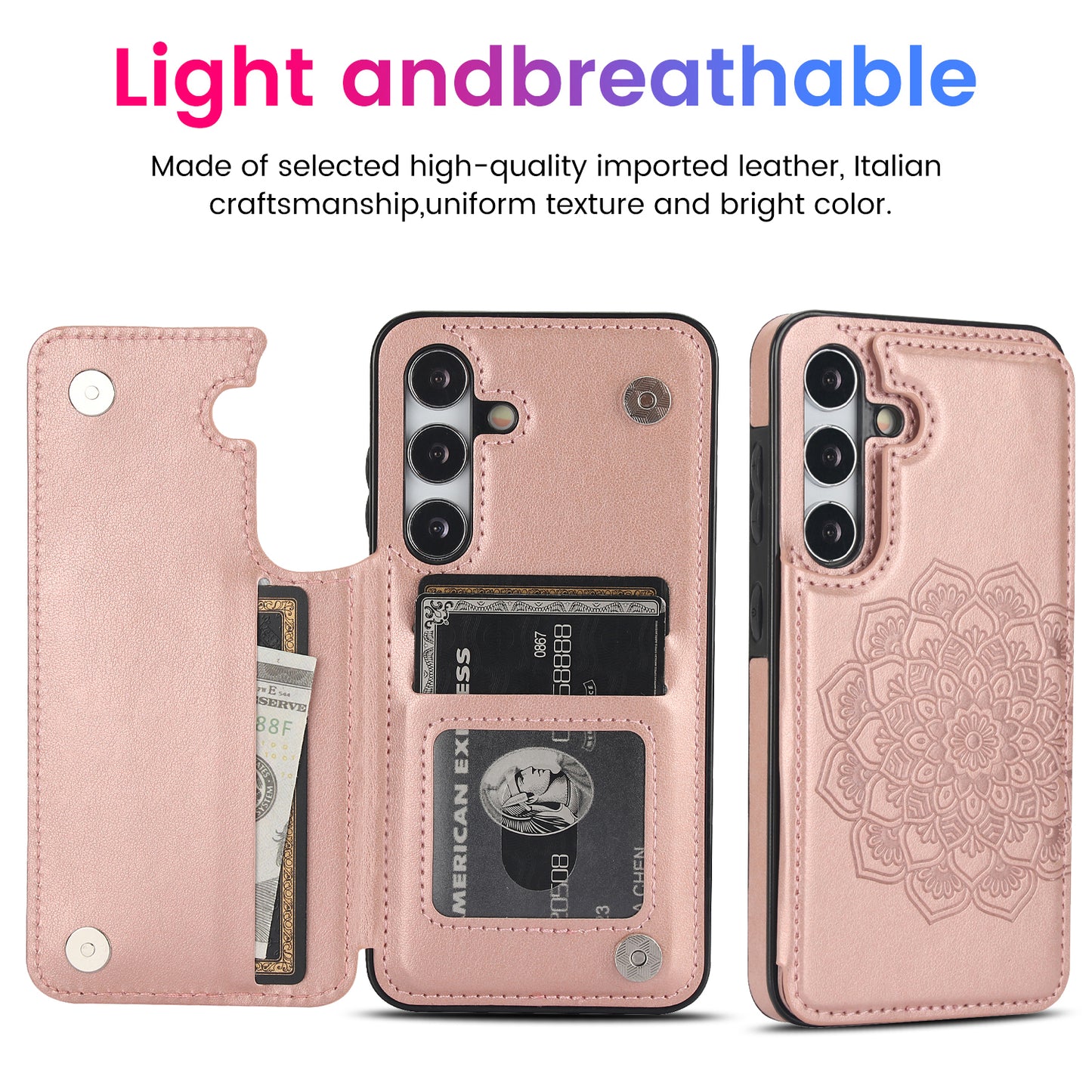 For Samsung Galaxy S24 Case Imprinted Mandala Flower PU Leather Kickstand Back Cover - Rose Gold