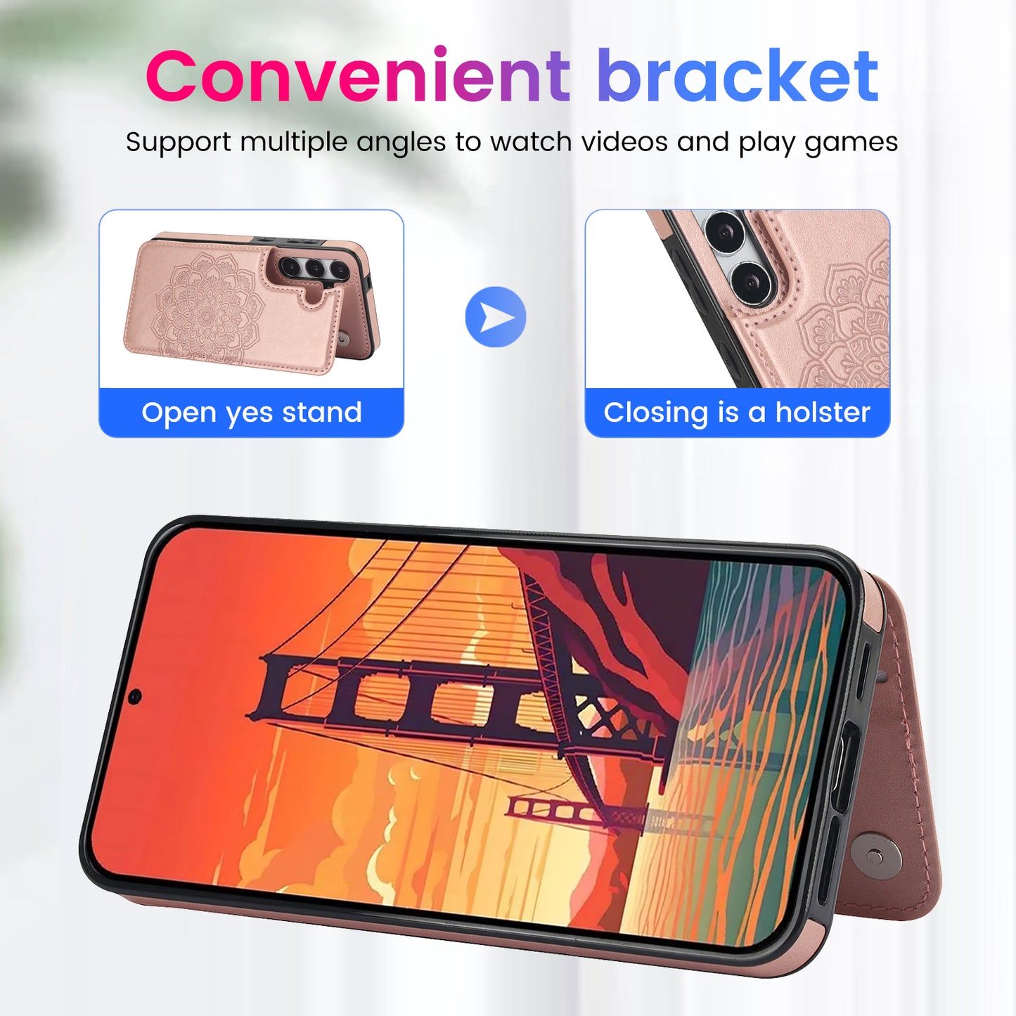 For Samsung Galaxy S24 Case Imprinted Mandala Flower PU Leather Kickstand Back Cover - Rose Gold