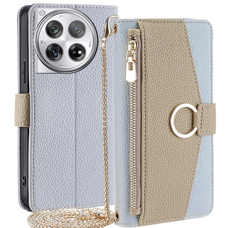 For OnePlus 12 5G Case PU Leather+TPU Zipper Pockets Phone Cover with Mirror and Card Slots - Blue