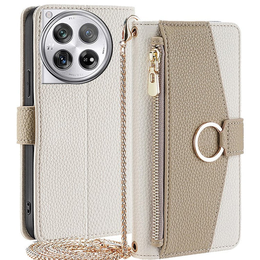 For OnePlus 12 5G Case PU Leather+TPU Zipper Pockets Phone Cover with Mirror and Card Slots - White
