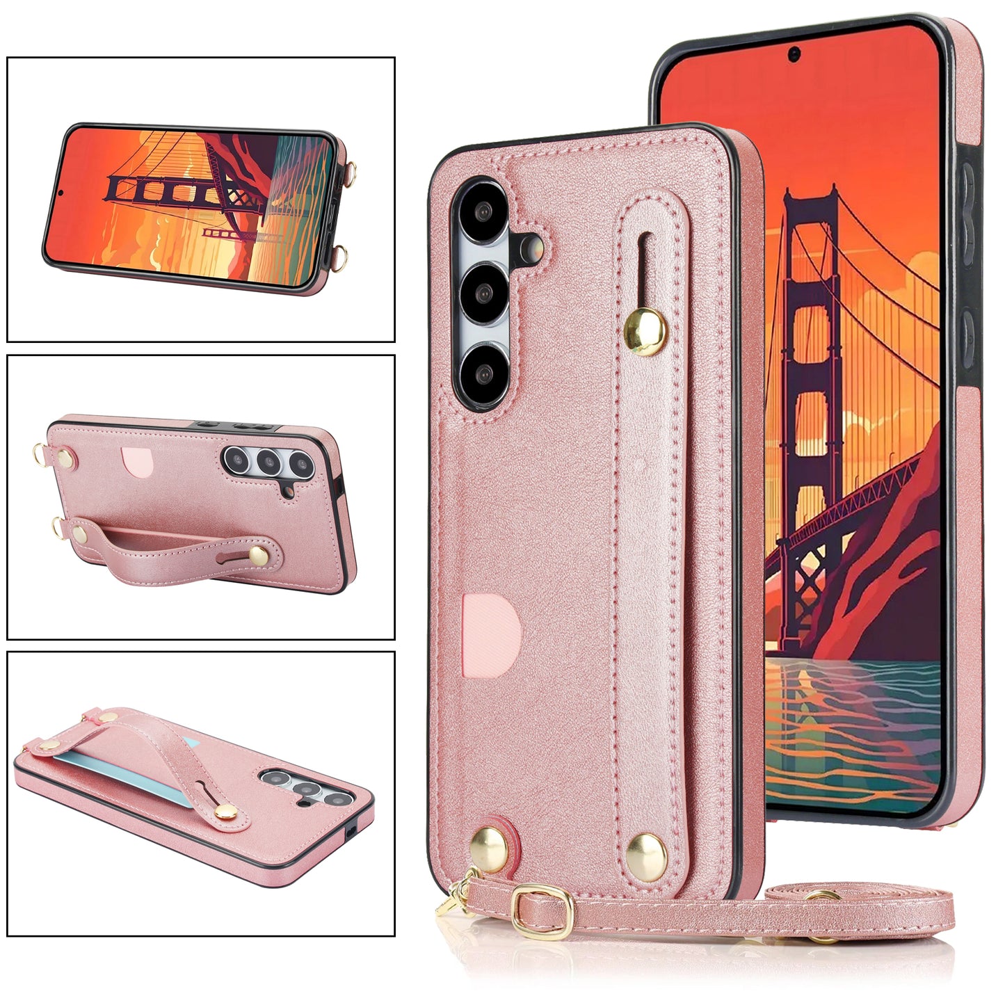 For Samsung Galaxy S24+ Cell Phone Case Strap Kickstand Card Slot PU Leather+TPU Protective Shell - Rose Gold
