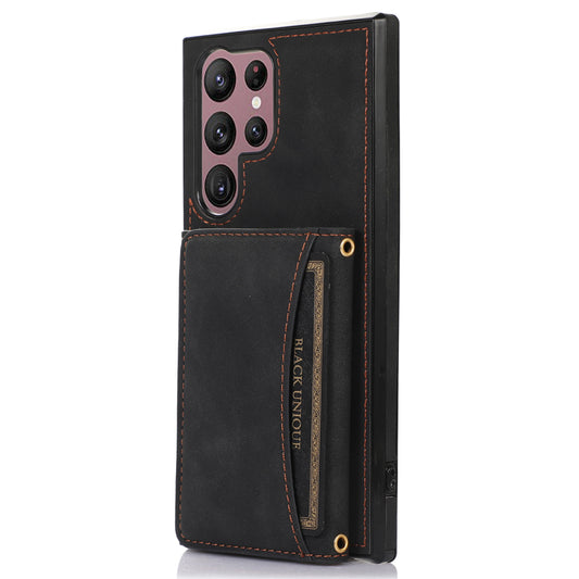 For Samsung Galaxy S24 Ultra Cell Phone Case Tri-fold Wallet Kickstand PU Leather Coated TPU Cover - Black